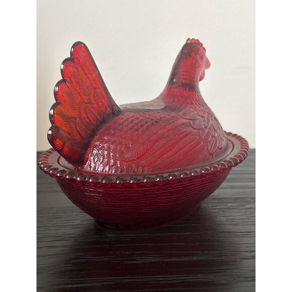 VTG Indiana Glass Ruby Red Glass Hen on Nest Dish Flashed Painted Farmhouse MCM - Picture 5 of 14